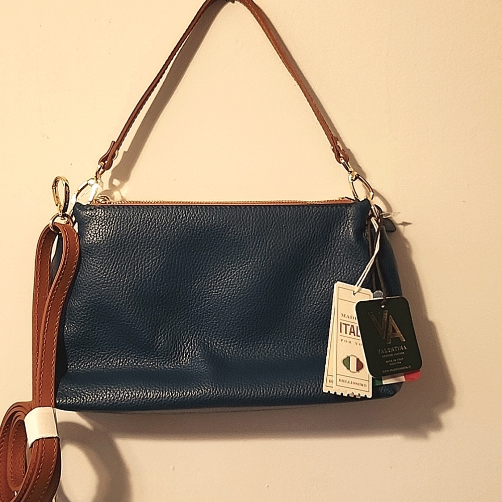 NWT VALENTINA Italian pebbled Leather Triple Entry Shoulder Bag